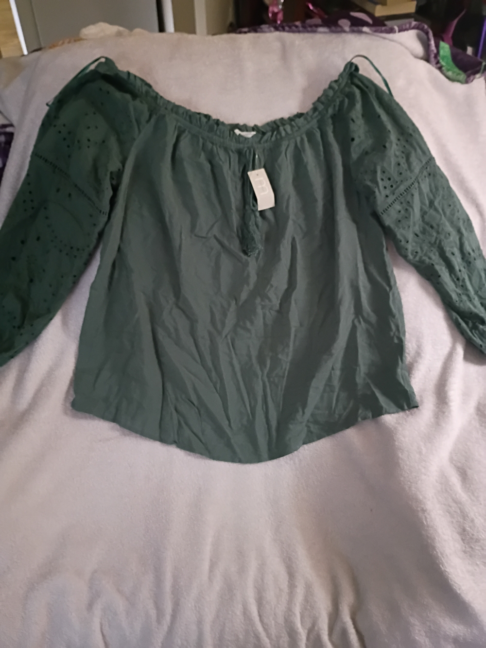 Maurices Forest Green Off-Shoulder Eyelet Sleeve Blouse